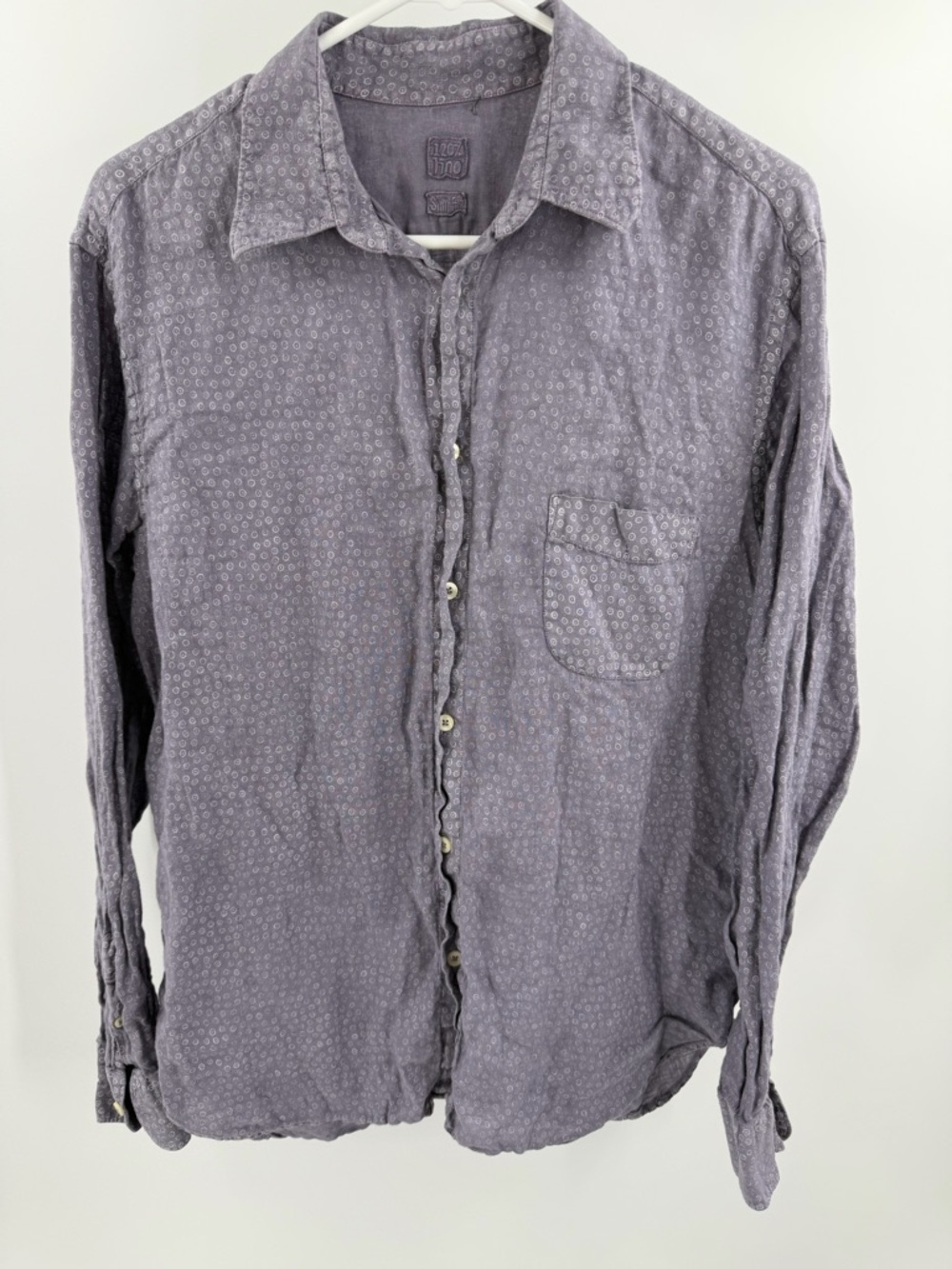 120% Lino Purple Geometric circle print button down 100% Linen Large Slim Fit